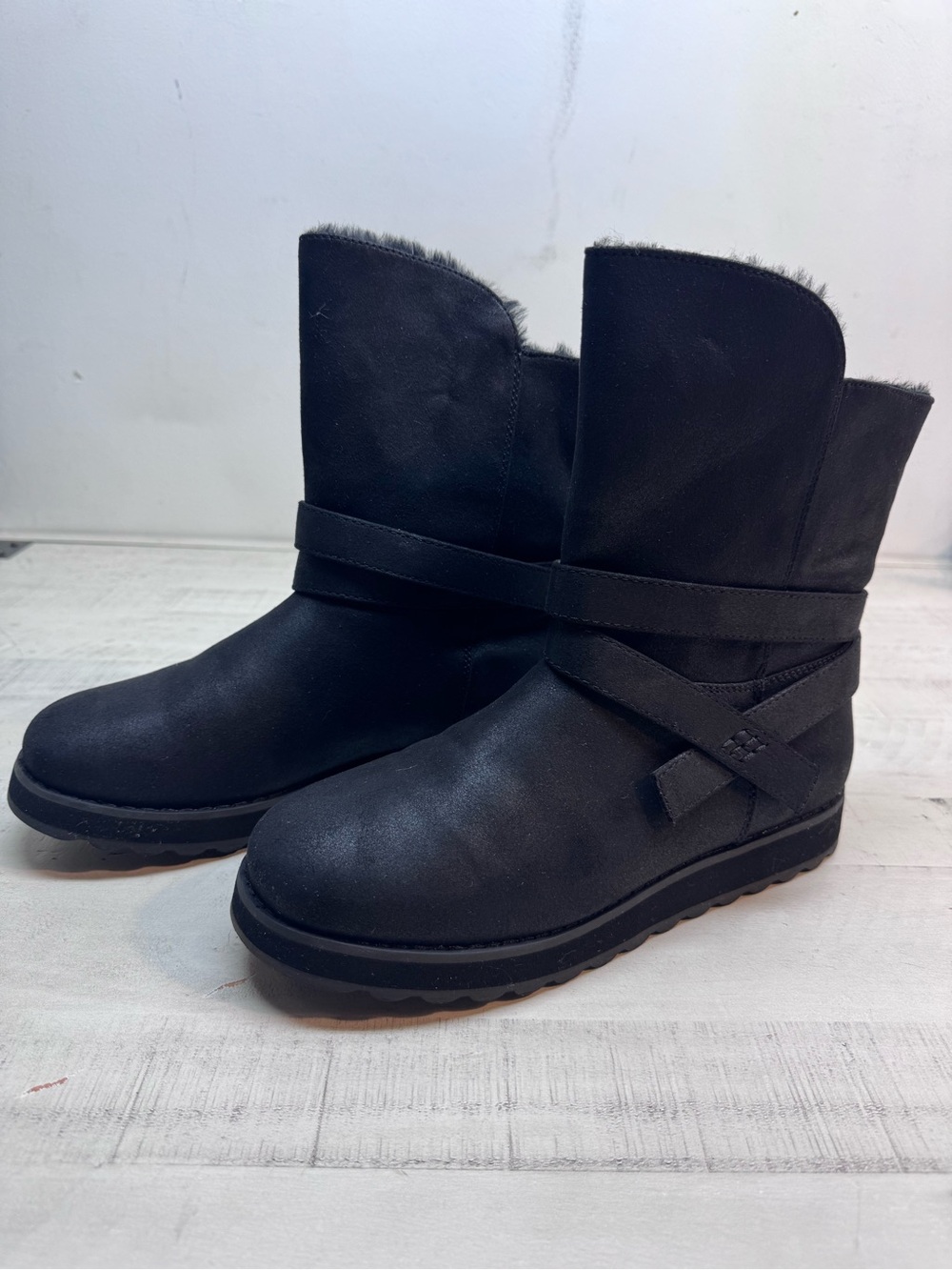Skechers Black Faux-Suede Ankle Boots with Wrap Strap